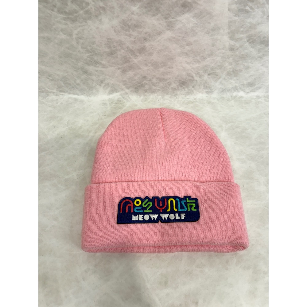 Meow Wolf Pink Knit Beanie Hat Multi Color Logo Patch Cuffed Acrylic Winter Cap